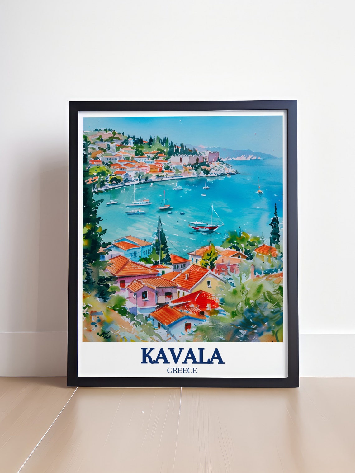 Kavala Greece Aegean Sea Harbor Boats Watercolor Travel Poster - Image 4