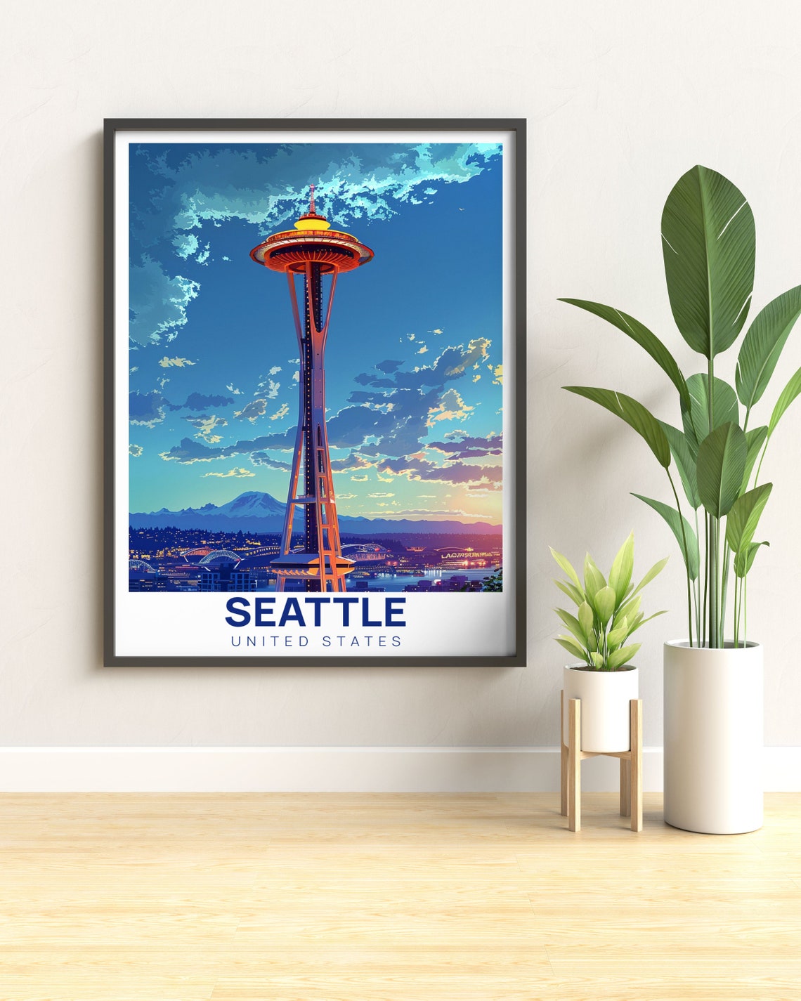 Seattle Space Needle Sunset Mount Rainier Skyline Travel Poster - Image 2