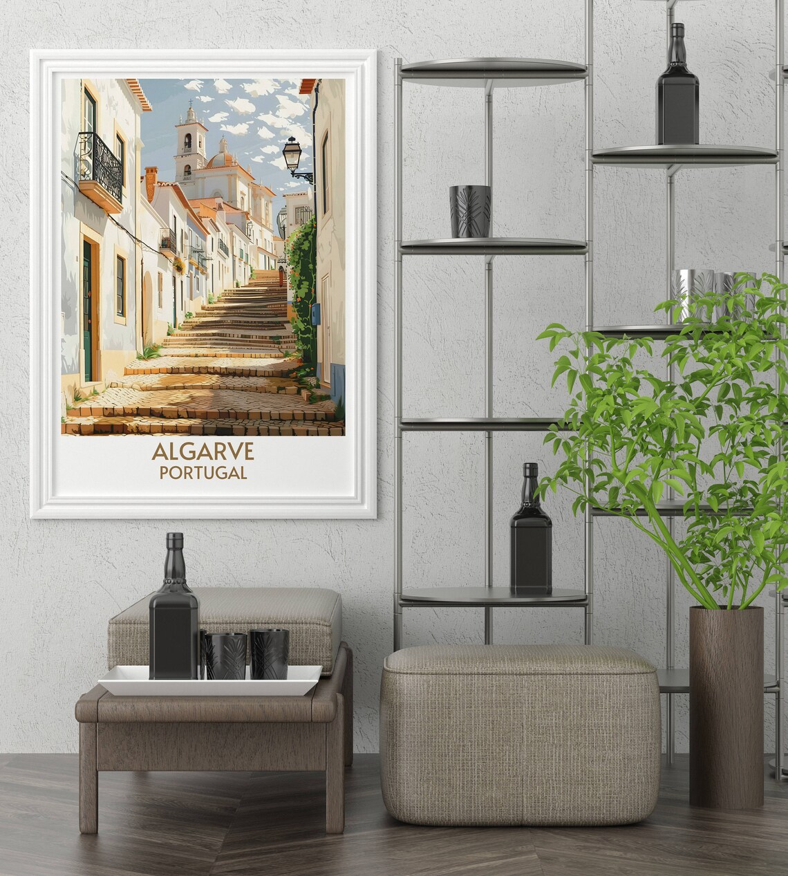 Algarve Portugal Old Town Sunny Cobbled Steps Faro Church Poster - Image 2