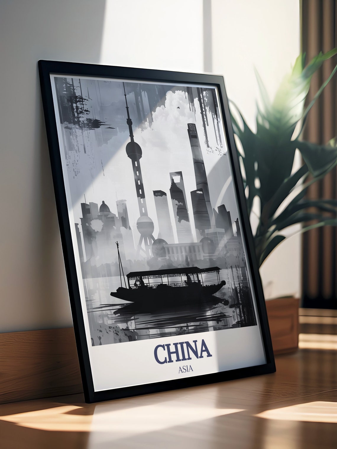 Shanghai Skyline Black and White Oriental Pearl Tower Art Poster - Image 3