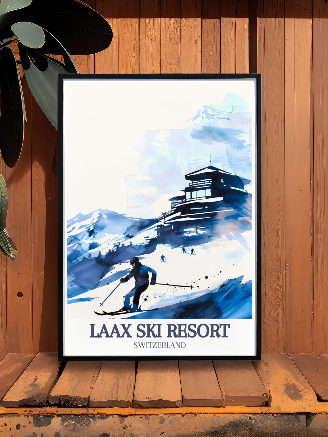 Laax Ski Resort Blue Watercolor Skier Switzerland Alpine Poster - Image 2