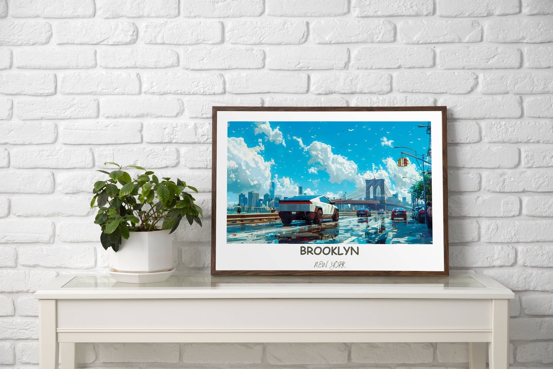 Tesla Cybertruck Crossing Brooklyn Bridge Illustrated Poster - Image 4