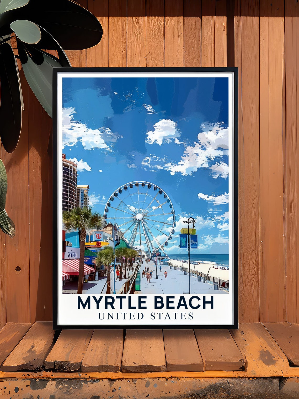 Myrtle Beach Boardwalk Ferris Wheel Ocean View Vintage Travel Poster - Image 2