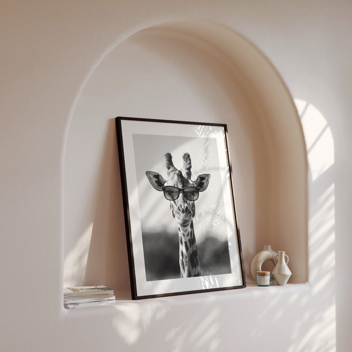 Giraffe Wearing Sunglasses Black and White Animal Portrait Poster - Image 4