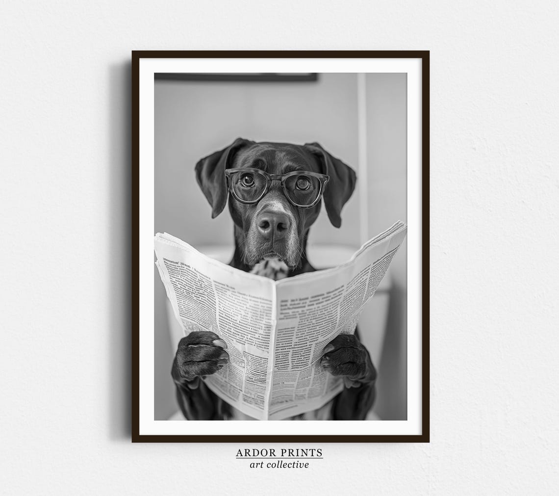 Dog With Glasses Reading Newspaper on Toilet Funny Black White Poster