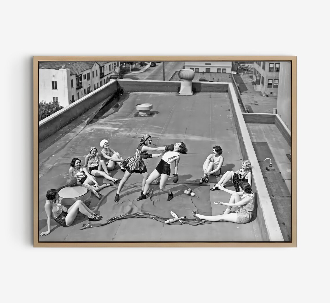 Women Boxing on Rooftop, Vintage Black And White Art Print - Image 4