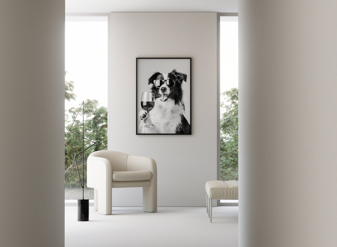 Border Collie Wearing Sunglasses Holding Wine Glass Black White Poster - Image 3