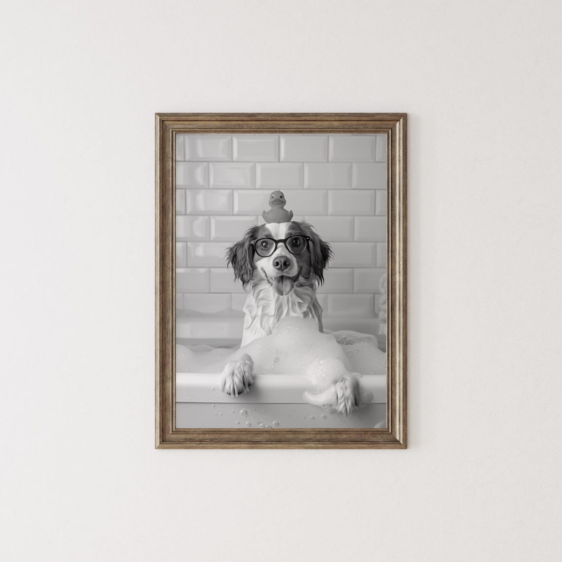 Brittany Spaniel in Bubble Bath With Rubber Duck on Head Funny Poster - Image 3