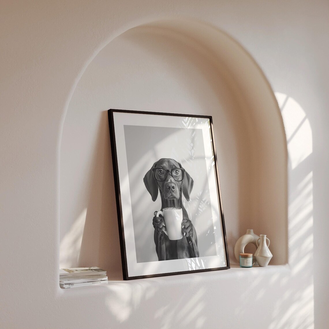 Vizsla Drinking Coffee Black And White Art Print - Image 4