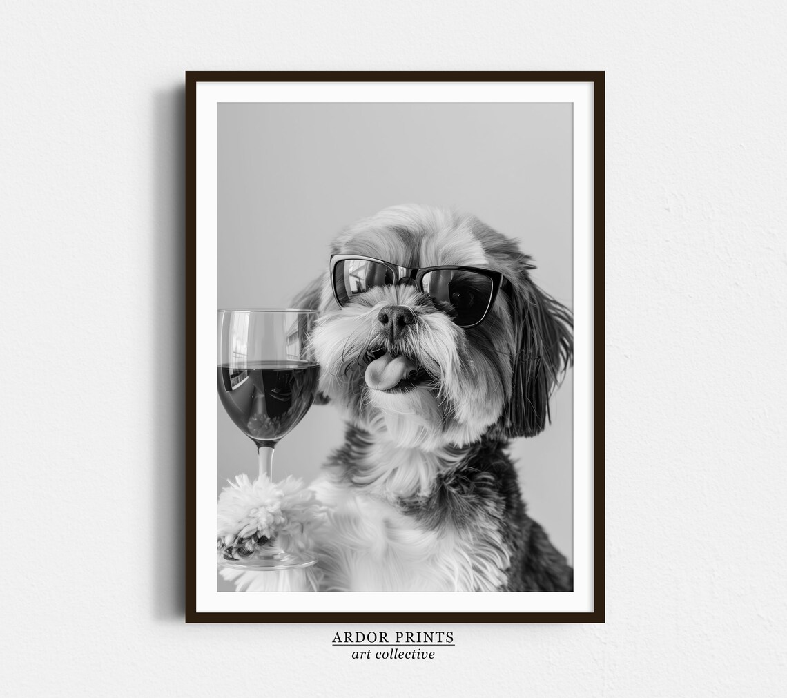 Shih Tzu and Wine Black and White Art Print