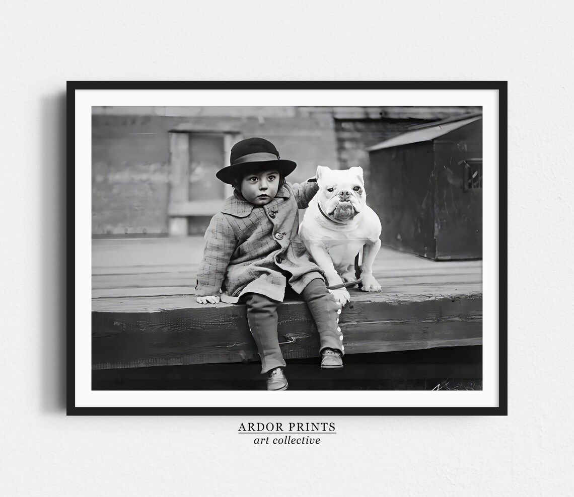 Vintage Boy And English Bulldog Retro Kid With Dog Photo Poster