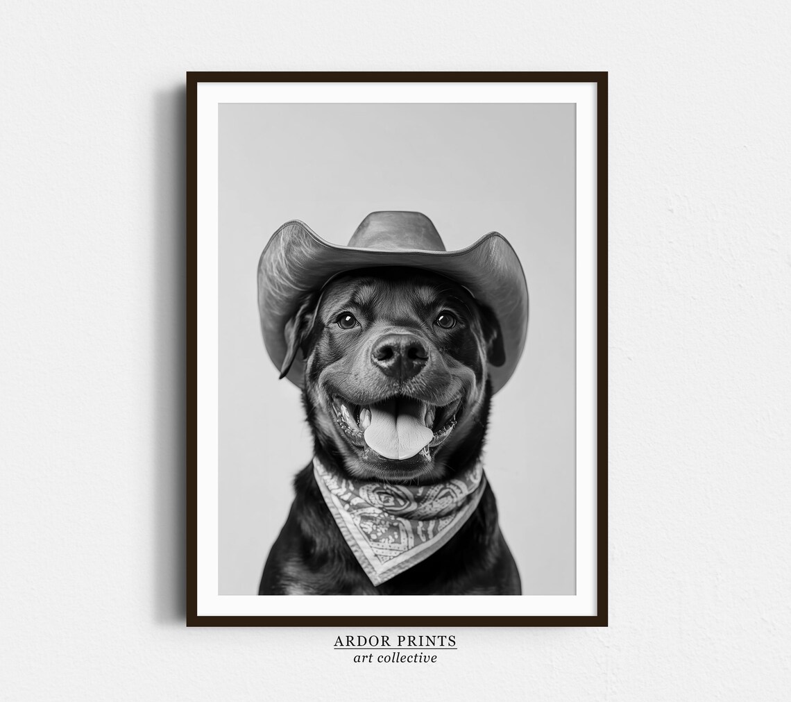 Rottweiler Cowboy Hat Bandana Western Smiling Dog Portrait Print