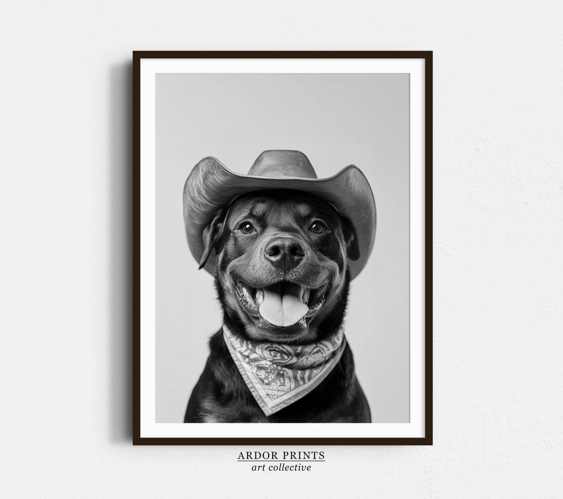 Rottweiler Cowgirl Hat Print Western Art Black And White Wall Art Dog Gift Western Dog Art Vintage Dog Poster Trendy Cowboy Decor