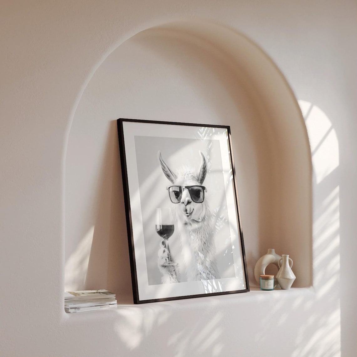 Llama Drinking Wine, Black And White Art Print - Image 4