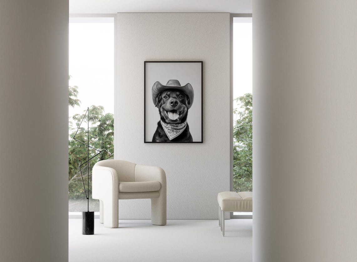 Rottweiler Cowgirl Hat Print Western Art Black And White Wall Art Dog Gift Western Dog Art Vintage Dog Poster Trendy Cowboy Decor - Image 3
