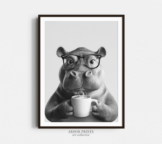 Hippo Wearing Glasses Drinking Coffee Black And White Funny Poster