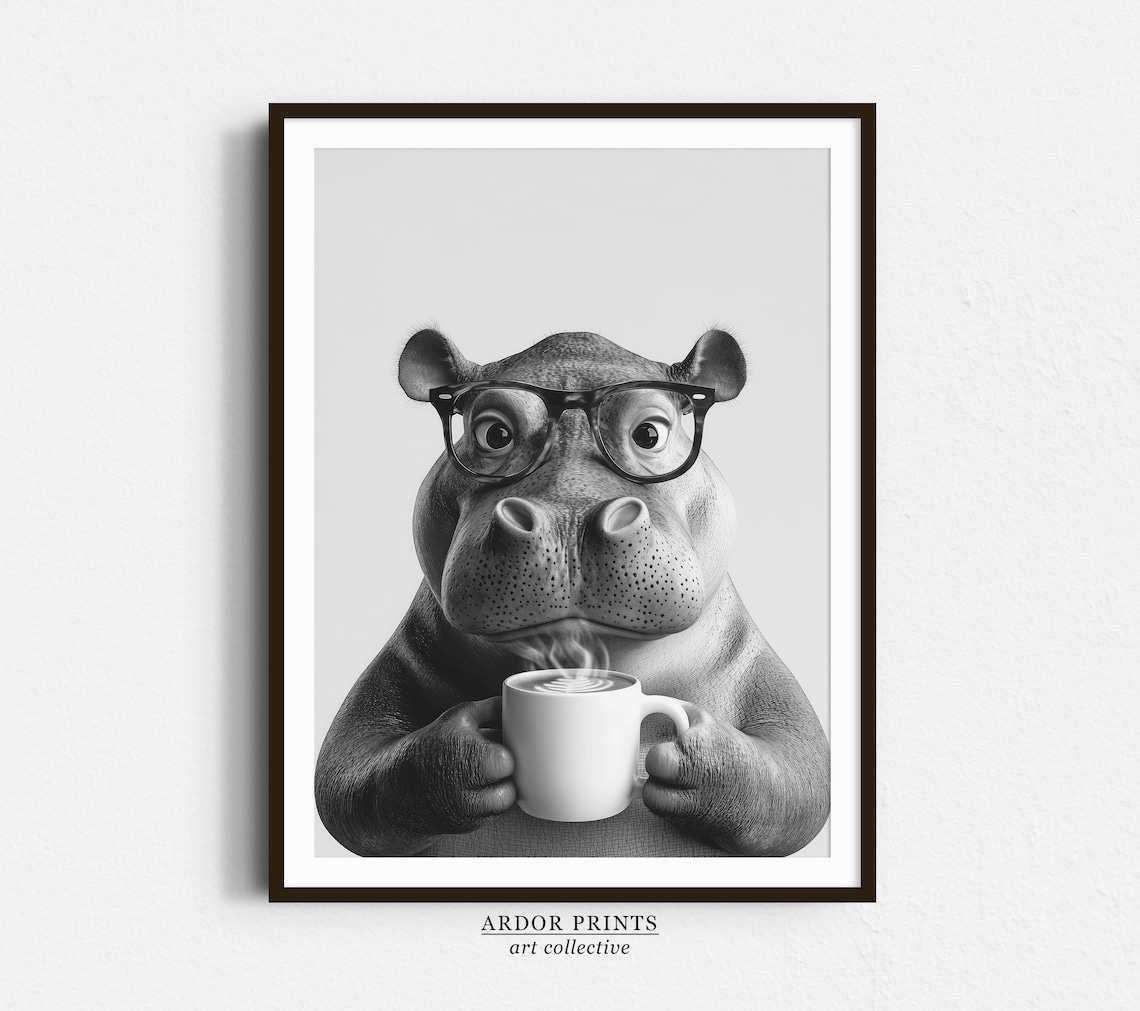 Hippo Wearing Glasses Drinking Coffee Black And White Funny Poster