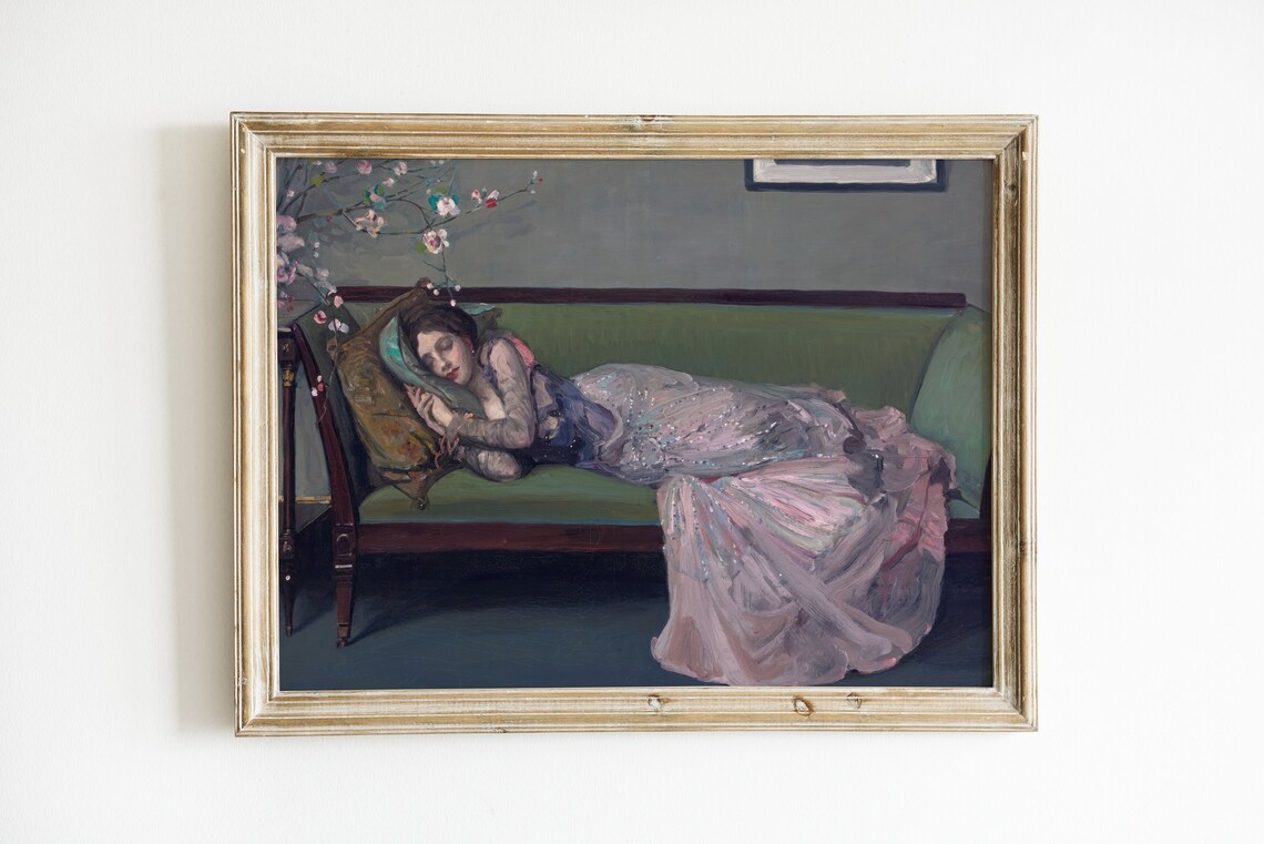 Woman Sleeping On Green Sofa Pink Gown Vintage Oil Painting Poster - Image 4