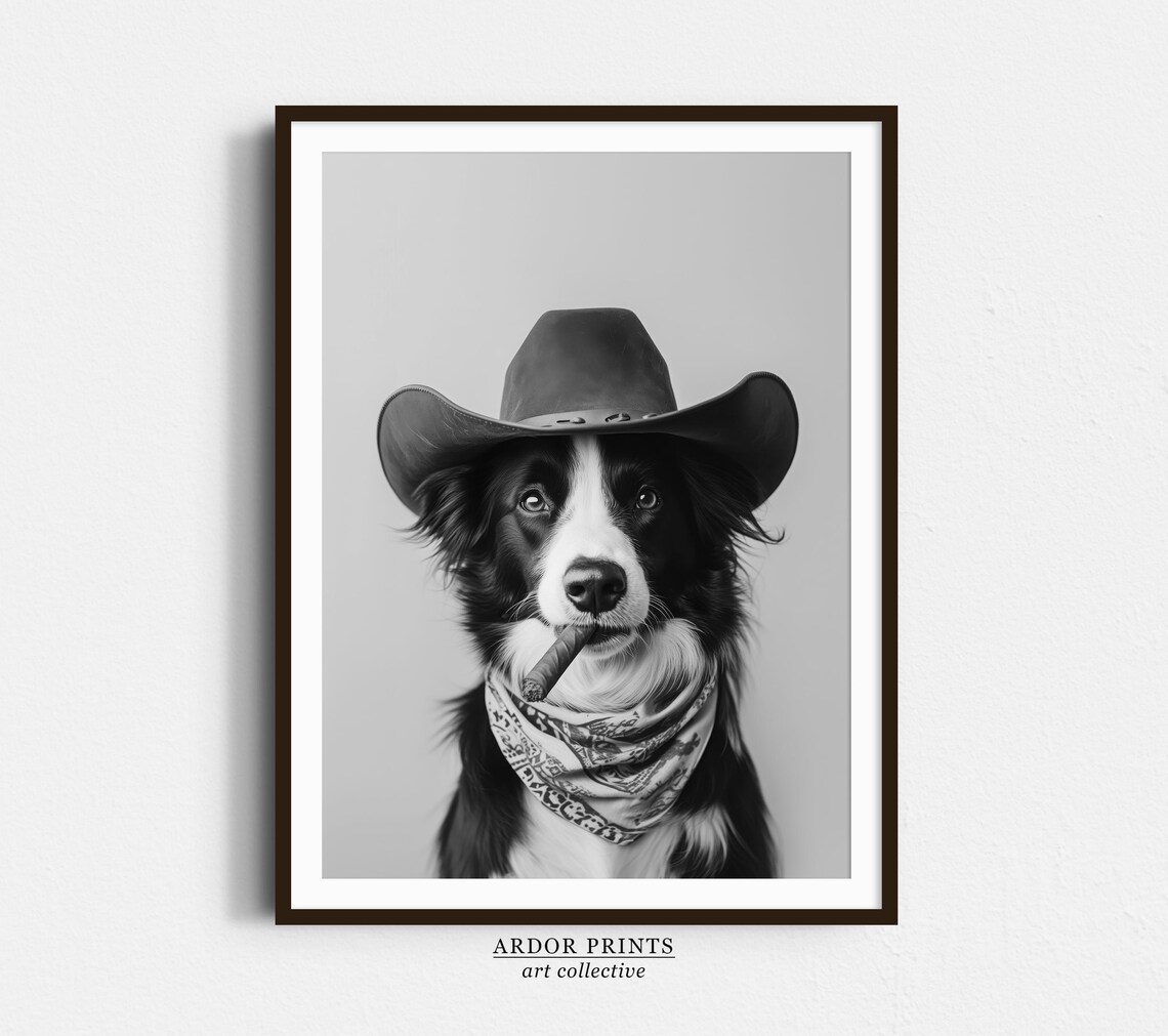 Border Collie Cowboy Hat Bandana Cigar Western Dog Portrait Poster