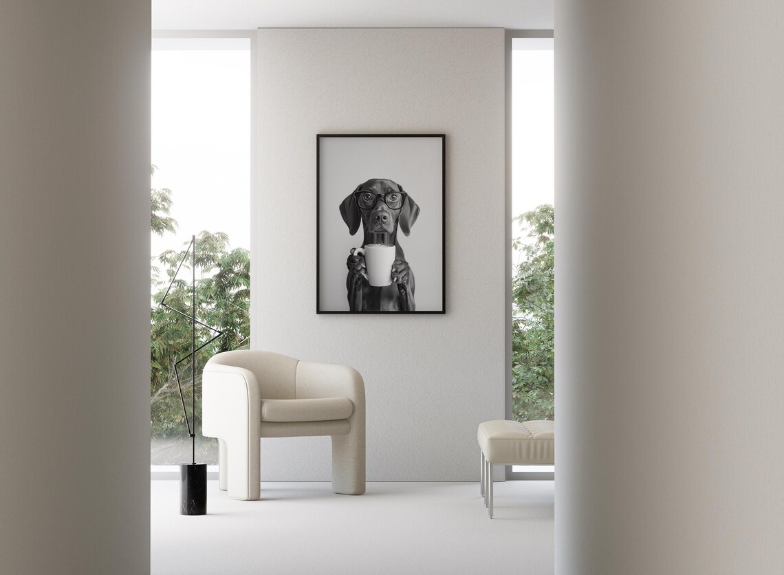 Vizsla Drinking Coffee Black And White Art Print - Image 3
