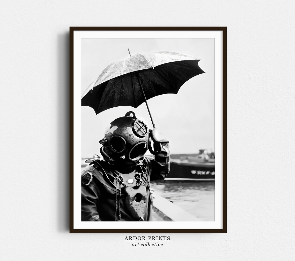 Deep Sea Diver Holding Umbrella, Vintage Paris Poster