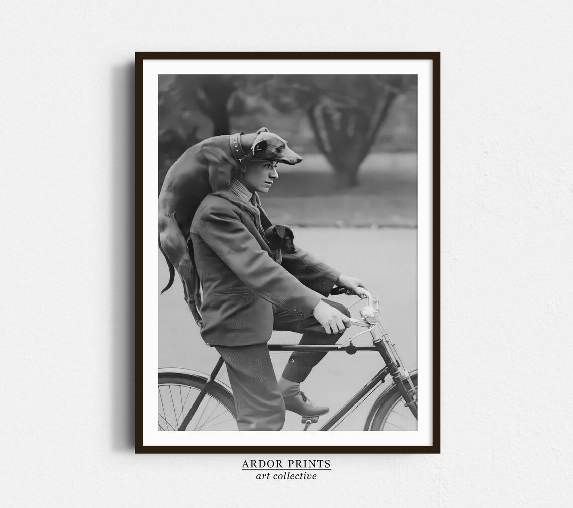 Man On Bike With Two Dogs, Vintage Dog Print