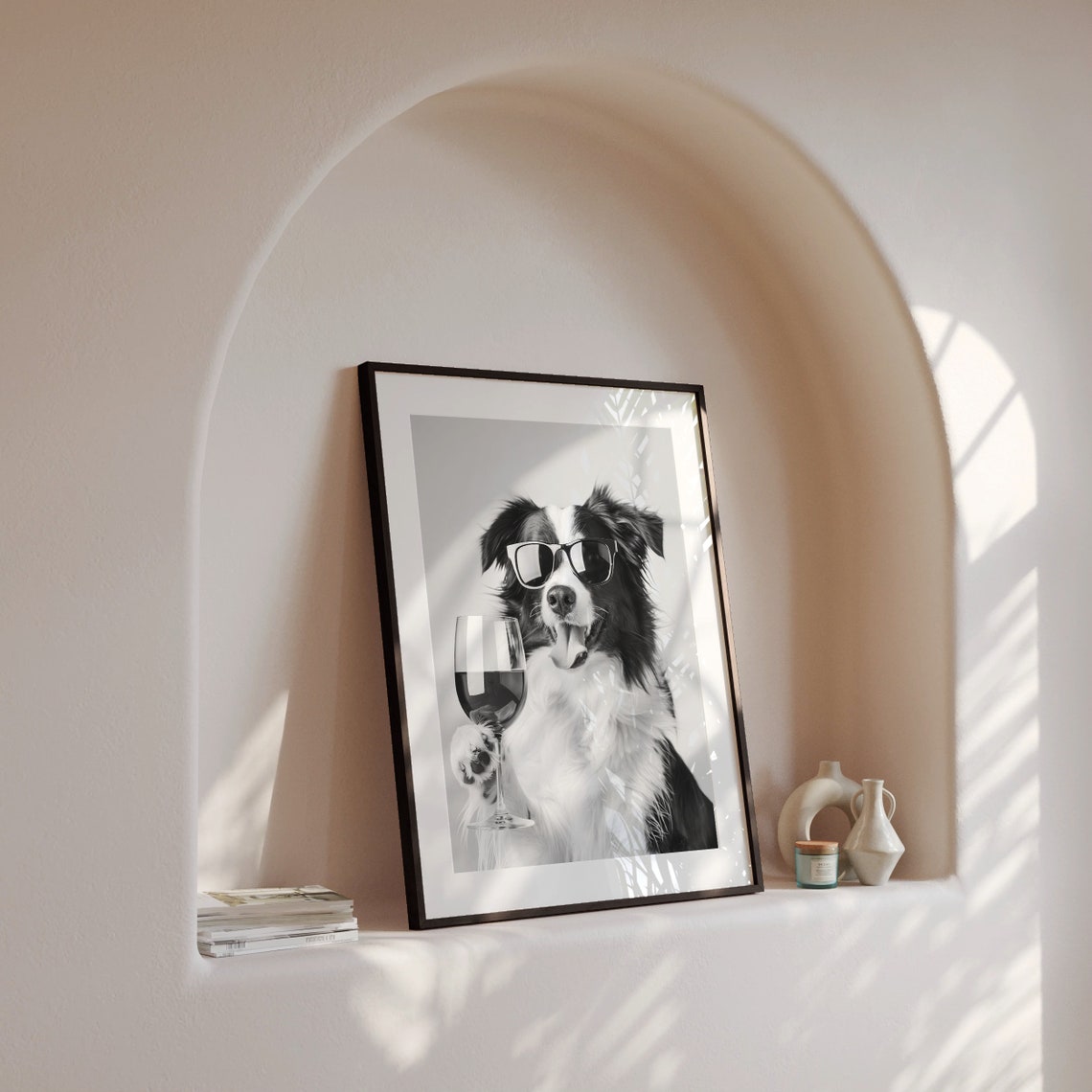 Border Collie Wearing Sunglasses Holding Wine Glass Black White Poster - Image 4