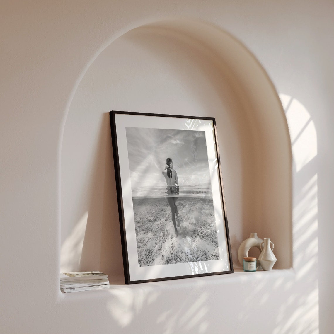 Woman Standing In Clear Ocean Water Black And White Beach Poster - Image 4