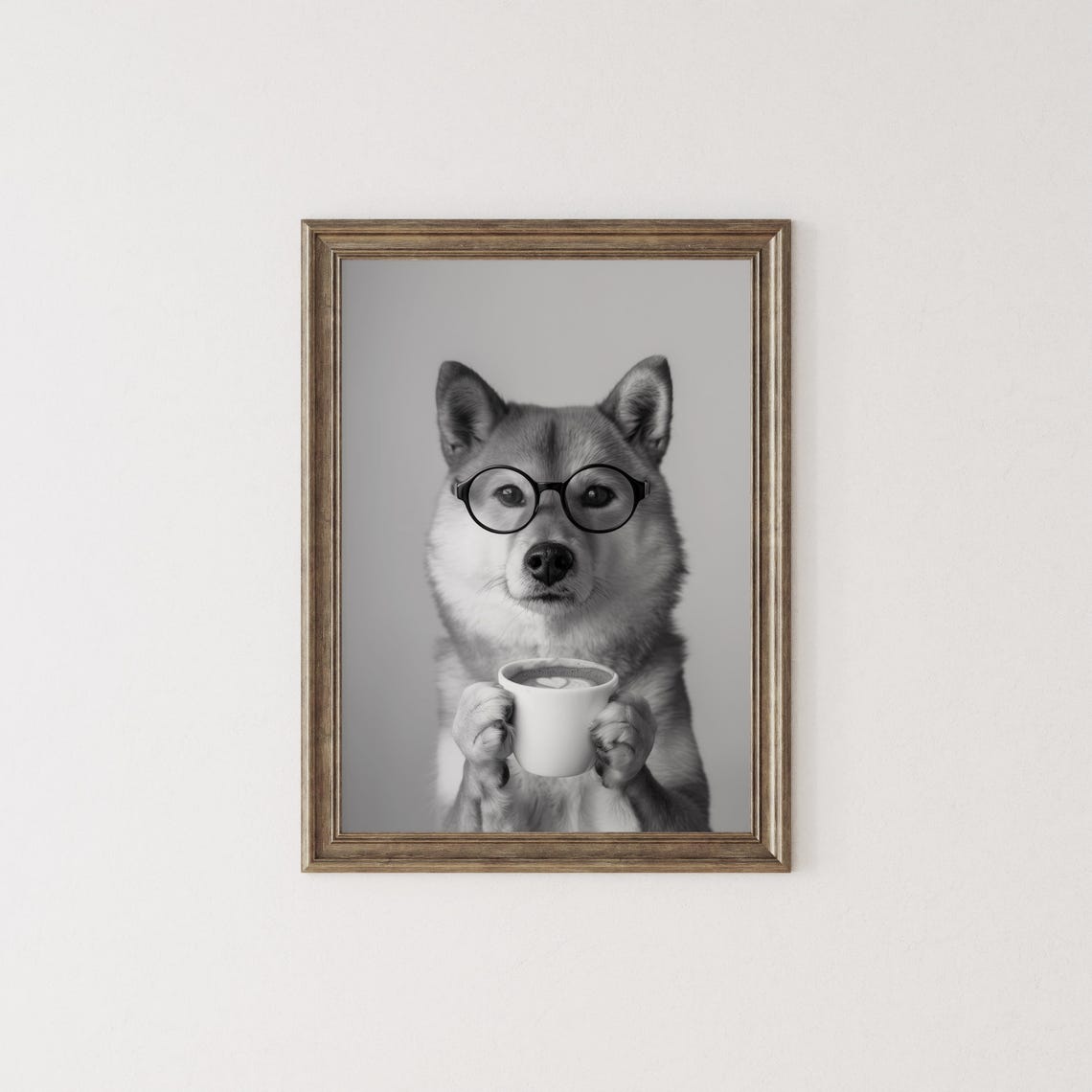 Shiba Inu With Glasses Holding Coffee Black and White Poster - Image 2