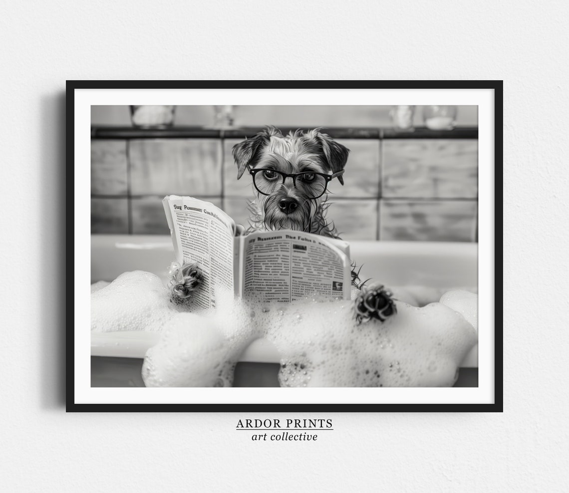 Border Terrier Reading Newspaper In Bubble Bath Funny Dog Print