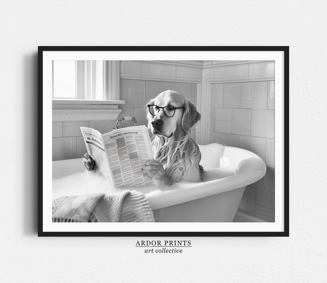 Golden Retriever in Bathtub, Funny Bathroom Art Print