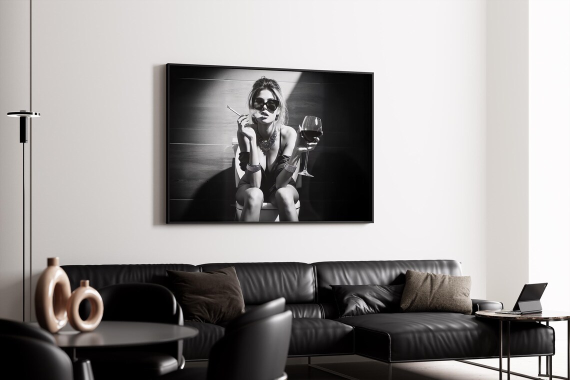 Girl On Toilet Drinking Wine Black and White Poster - Image 4