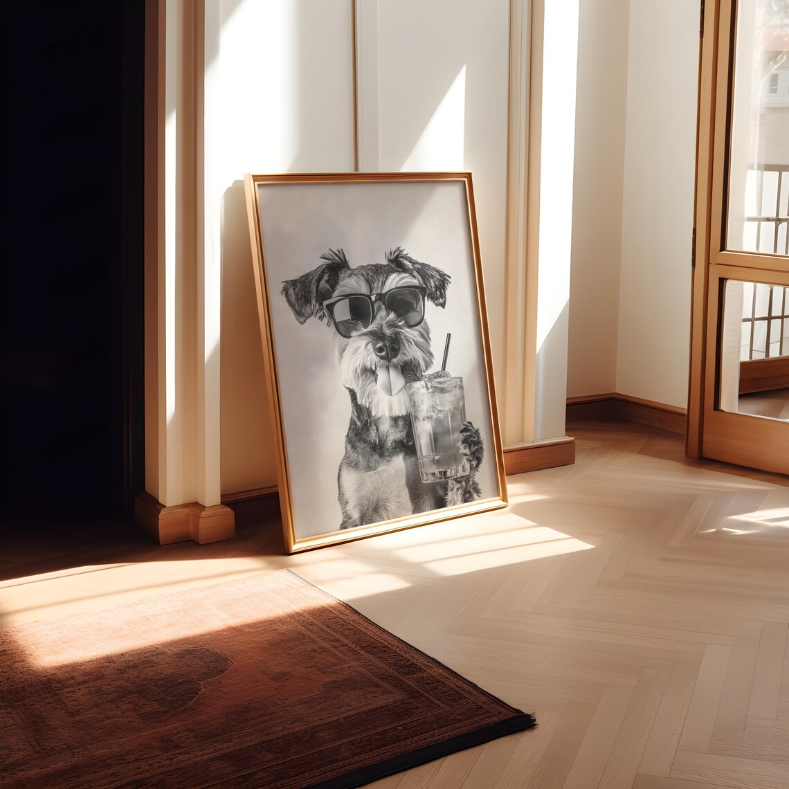 Mini Schnauzer Holding Cocktail Poster, Black And White - Image 2
