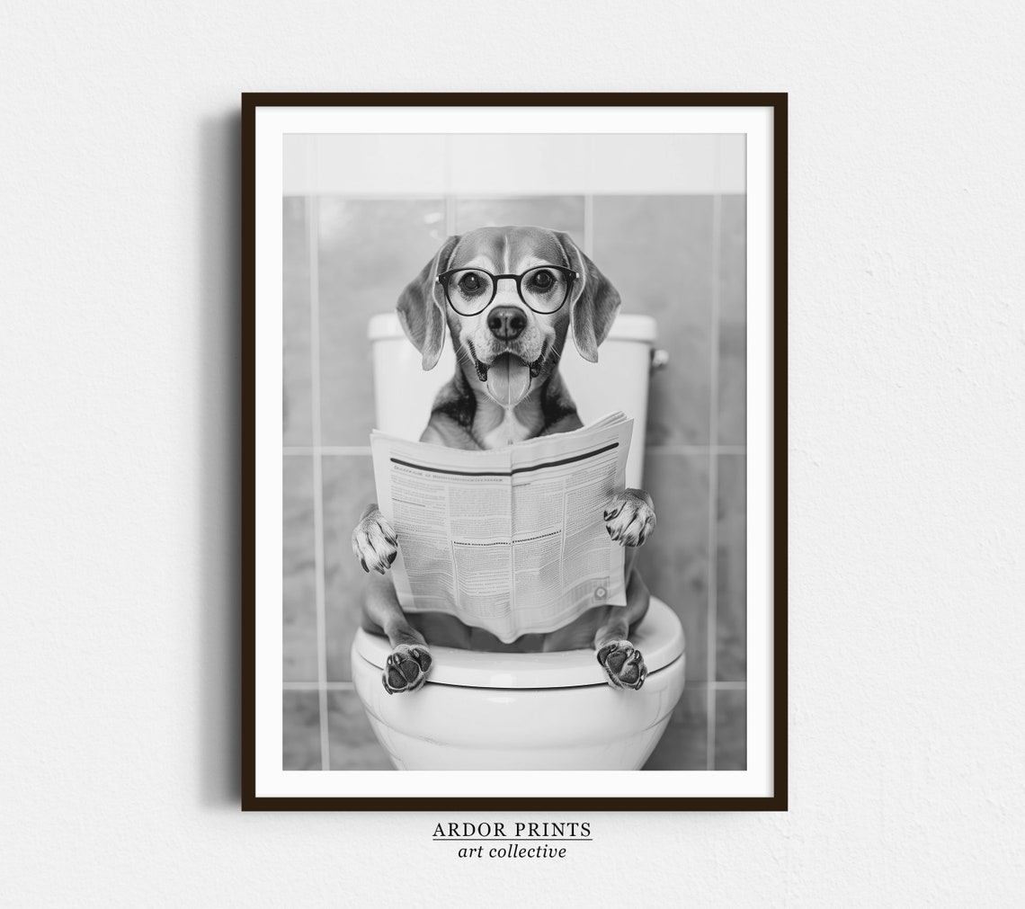 Beagle Reading Newspaper on Toilet Black and White Funny Poster