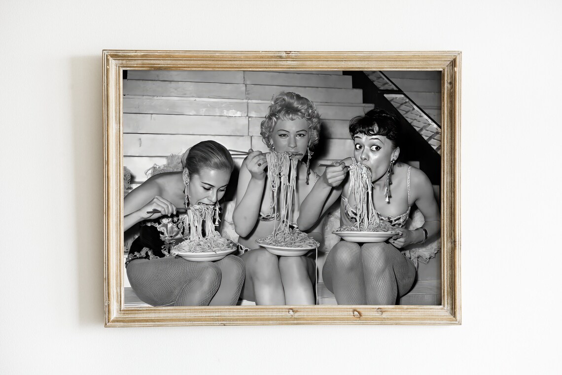 Women Eating Spaghetti With Chopsticks, Vintage Print - Image 2