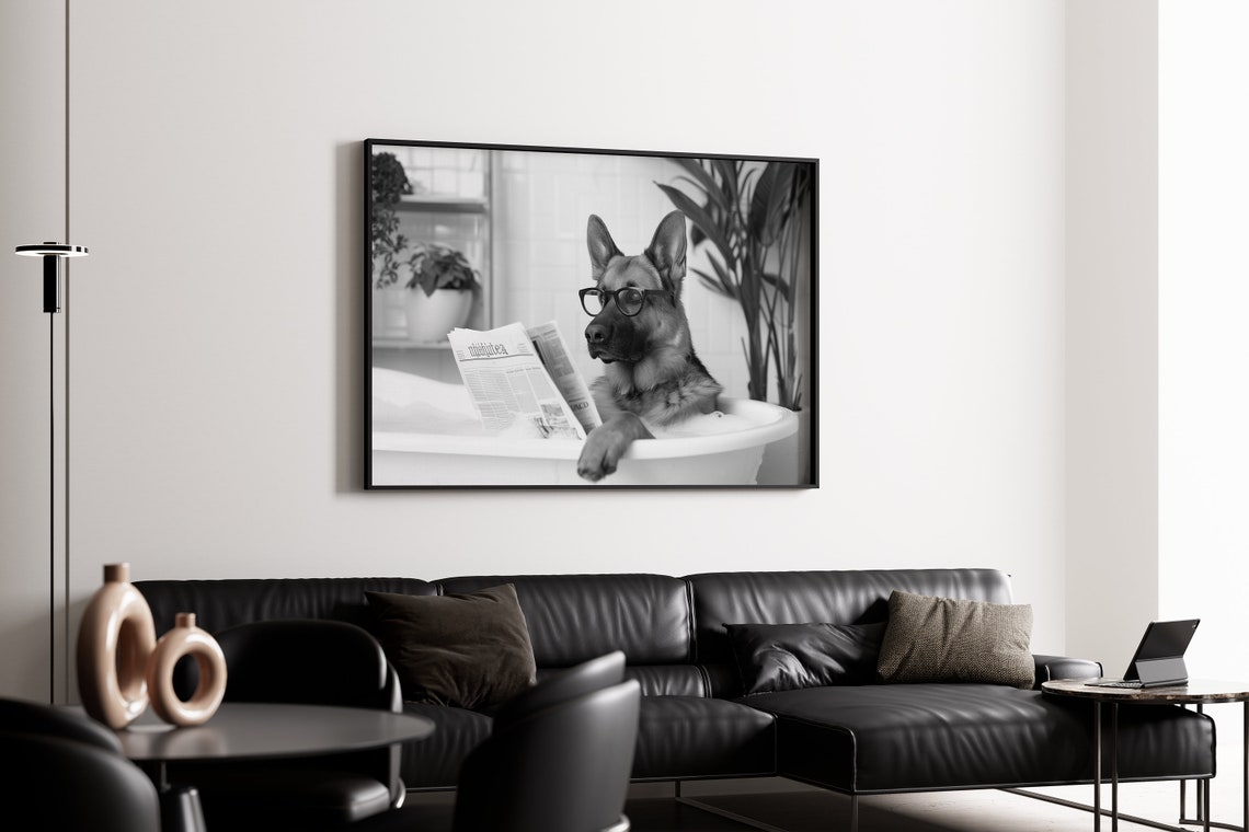 German Shepherd Reading Newspaper in Bubble Bath Funny Poster - Image 4