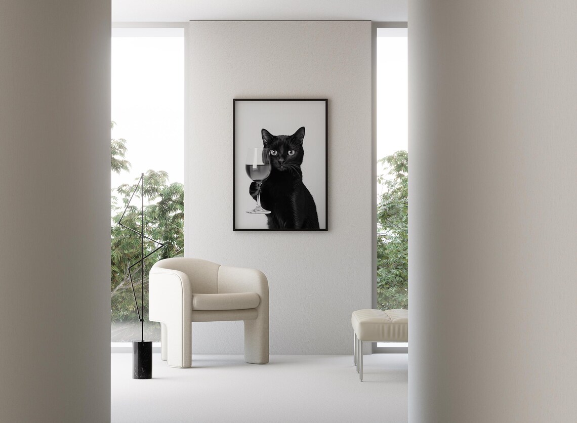 Black Cat Drinking Wine Poster, Bar Cart Decor - Image 3