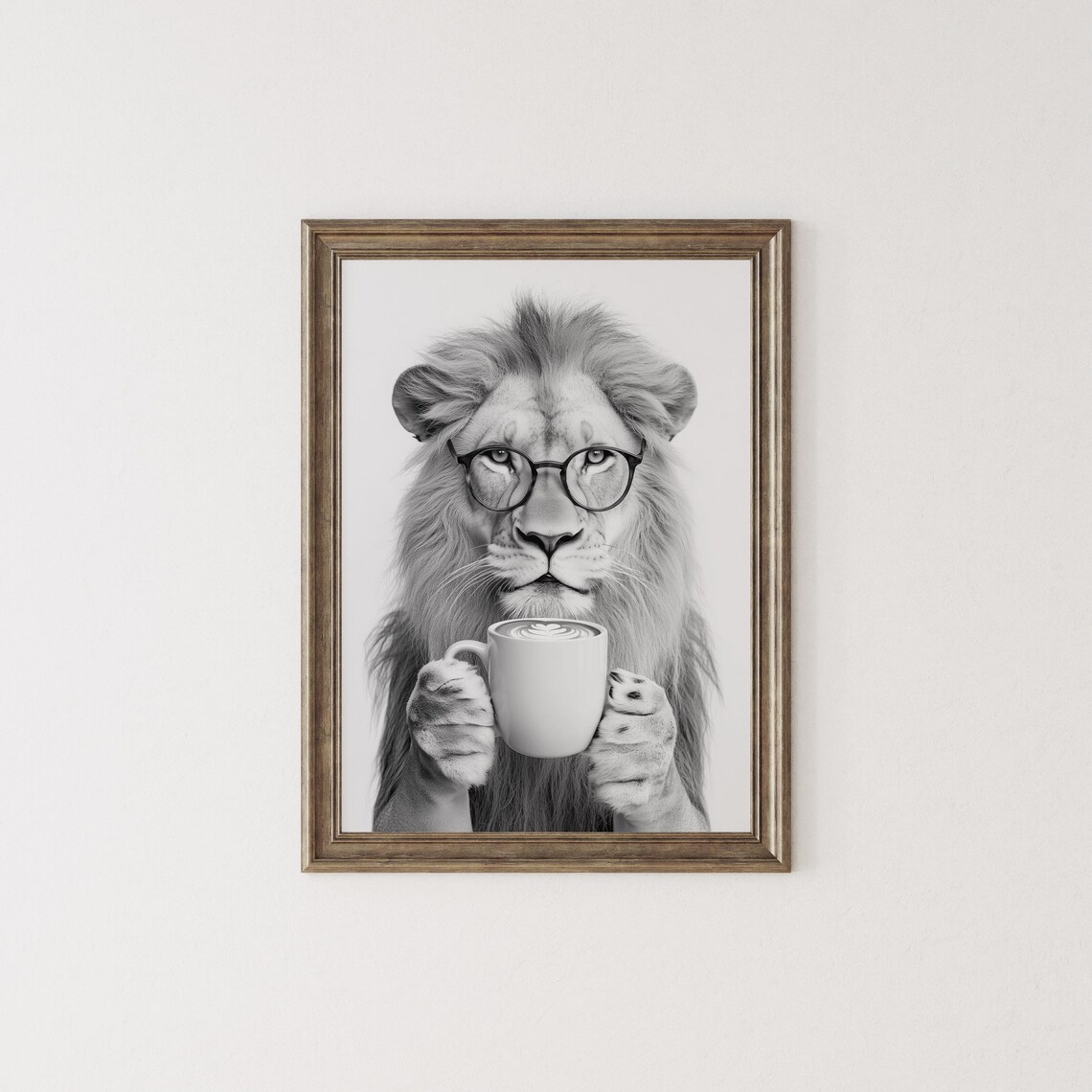 Lion Wearing Glasses Holding Coffee Cup Black And White Animal Poster - Image 2