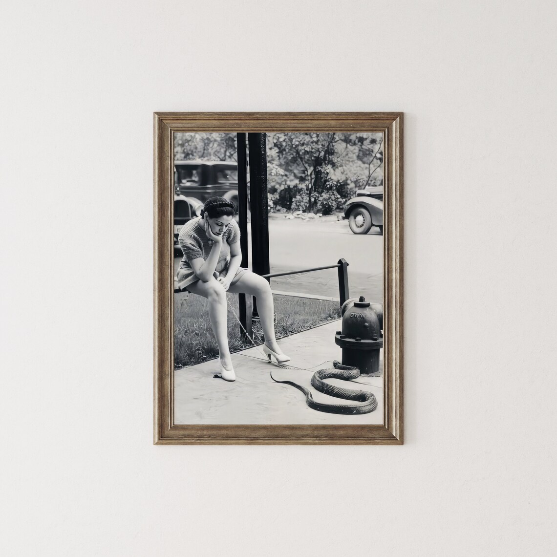 Woman Walking Pet Snake on Vintage Street Black and White Poster - Image 2