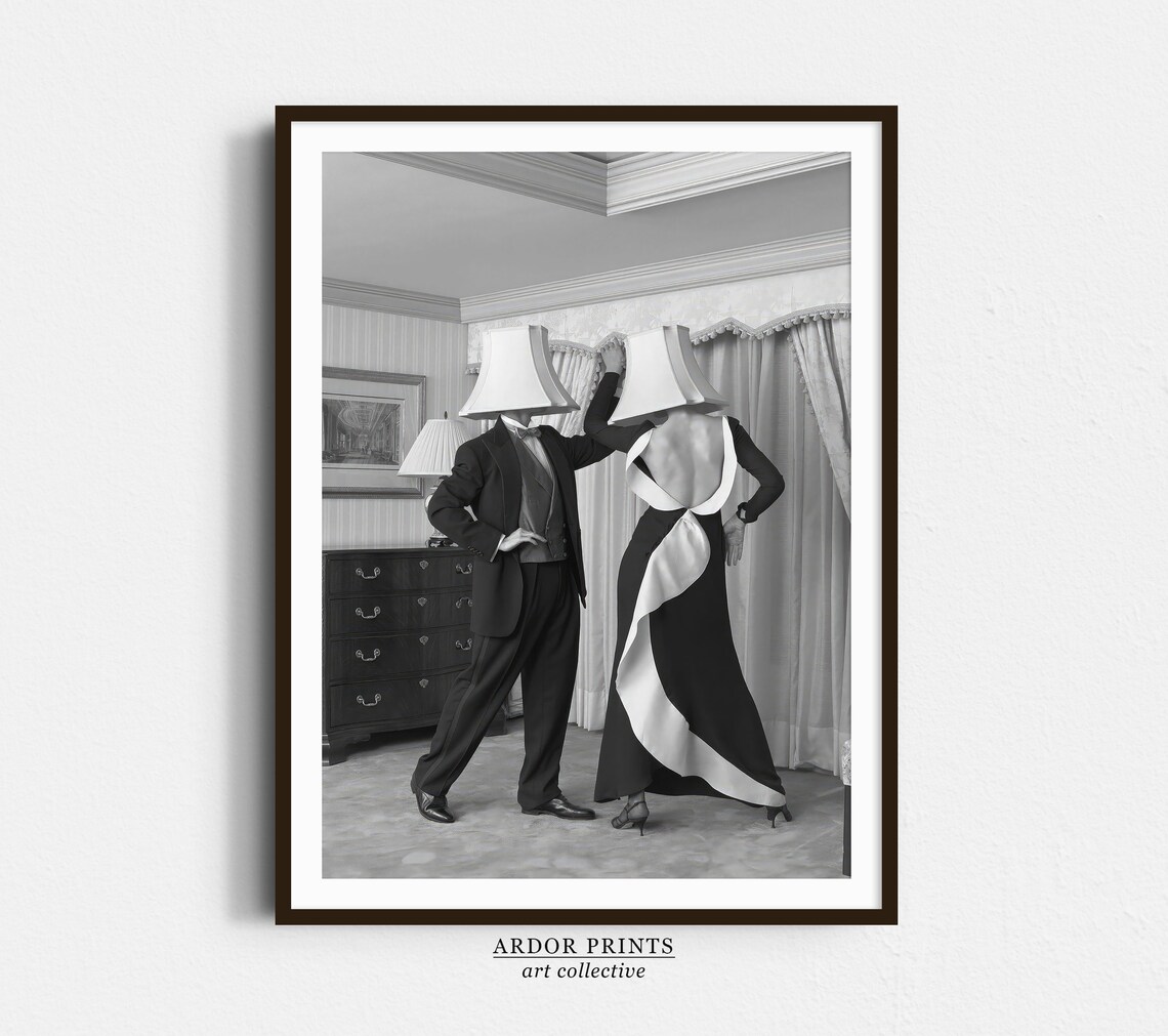 Dancing Couple Wearing Lampshades on Heads Surreal Black White Poster