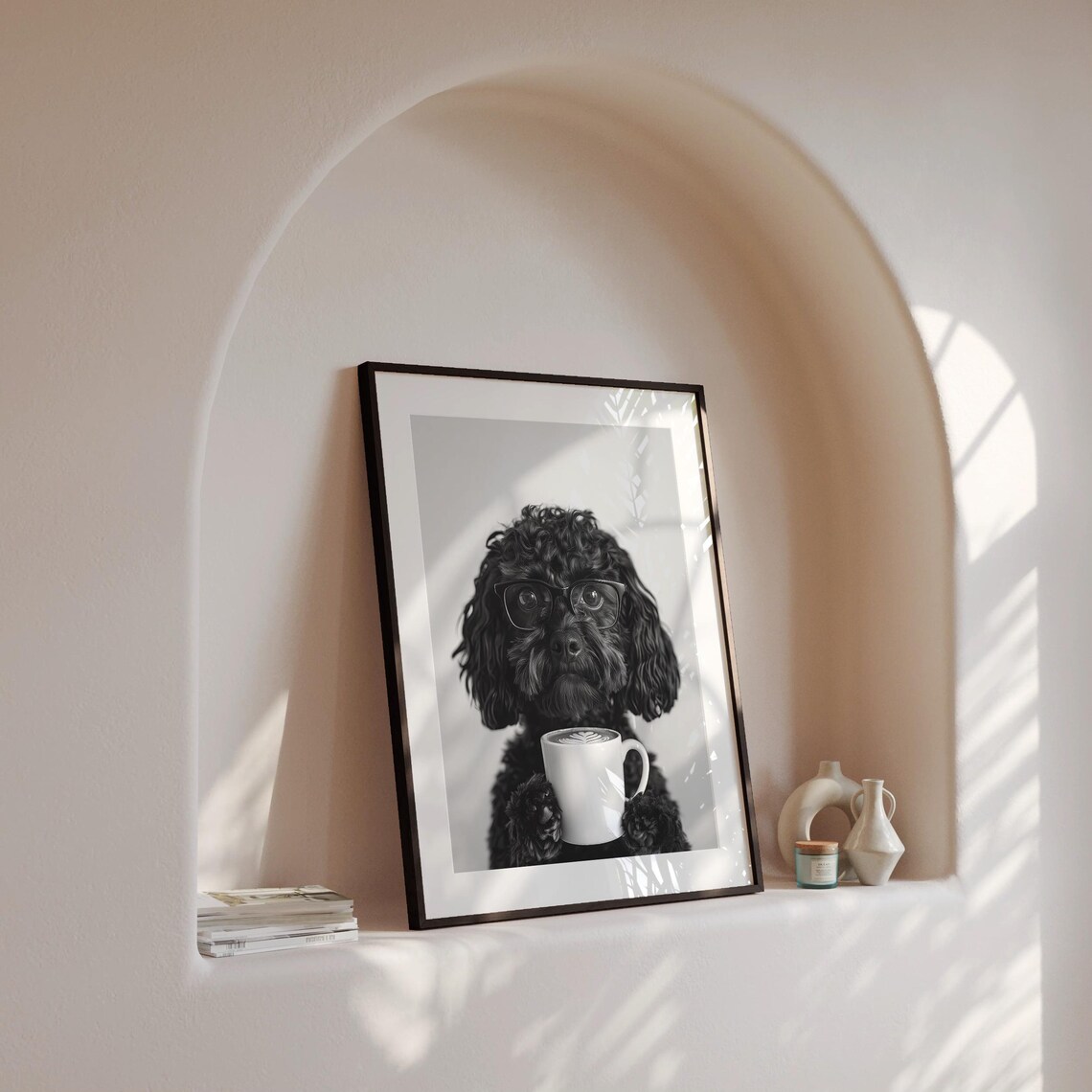 Black Cockapoo And Coffee Art Print, Black And White - Image 4