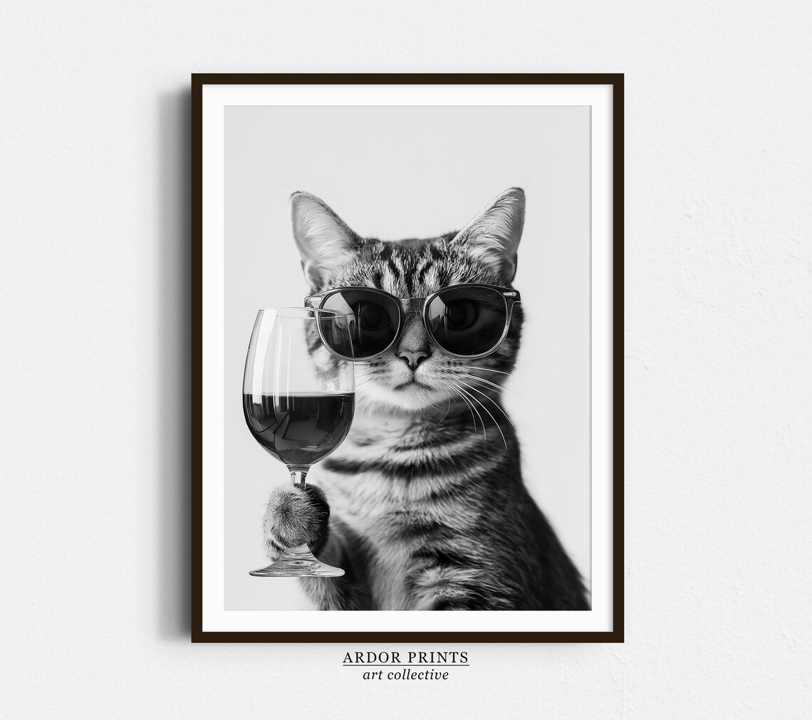 Domestic Shorthair Cat Drinking Wine, Bar Decor Art Print