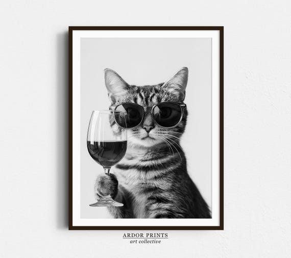 Domestic Shorthair Cat Drinking Wine, Bar Decor Art Print