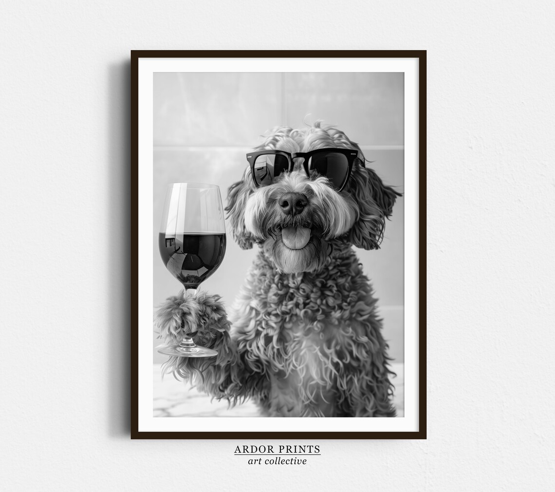 Cockapoo Drinking Wine, Black And White Poster