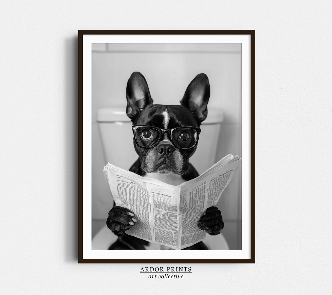 Boston Terrier Wearing Glasses Reading Newspaper on Toilet Dog Poster