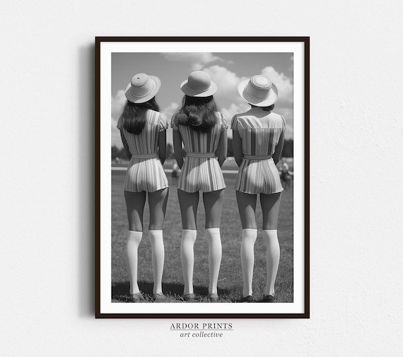 Three Women in Striped Outfits Watching Polo Match Vintage Poster