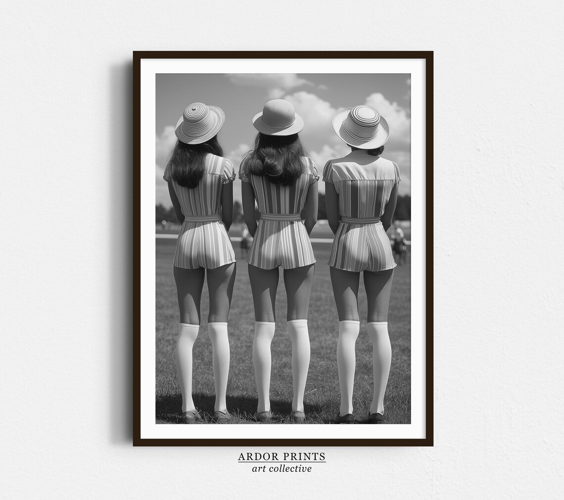 Three Women in Striped Outfits Watching Polo Match Vintage Poster