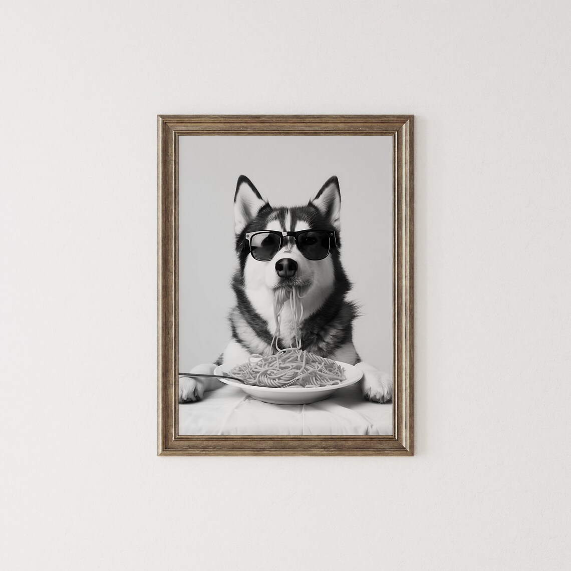 Siberian Husky Eating Spaghetti With Sunglasses Funny Poster - Image 2