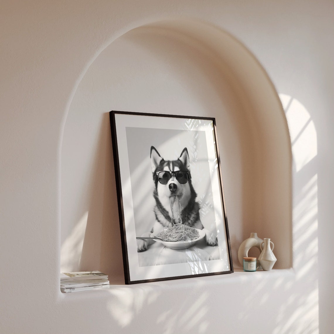Siberian Husky Eating Spaghetti With Sunglasses Funny Poster - Image 4
