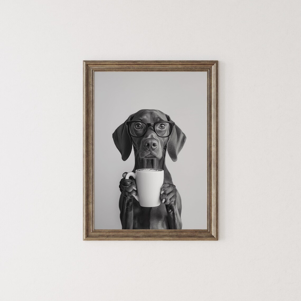 Vizsla Drinking Coffee Black And White Art Print - Image 2